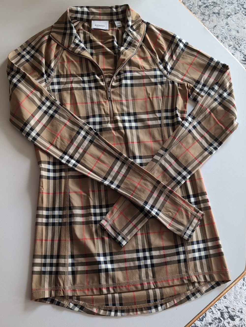 Burberry  Beige Nova Check Zip-Front Long Sleeve Top